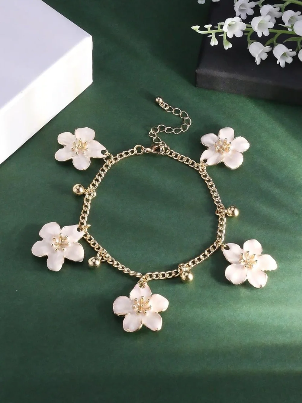 Anthropologie Gold Anklet with White Flower Charms